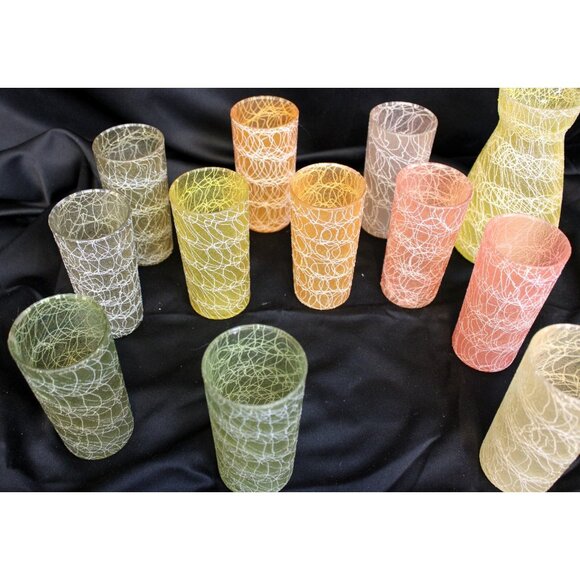 VTG 50s/60s Colorcraft Spaghetti String Carafe Pitcher Glasses Shat-r-Proof Tumb - Picture 10 of 15